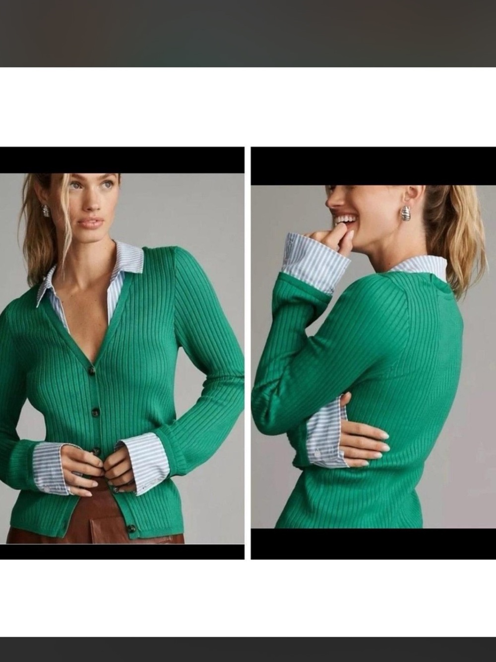 Maeve Green Ribbed Button-Down Cardigan with Blue-White Striped Shirt Detail